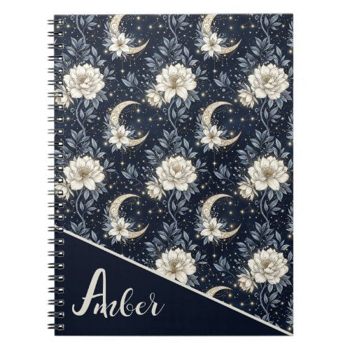 Midnight Celestial Floral & Crescent Moon Design Notebook
