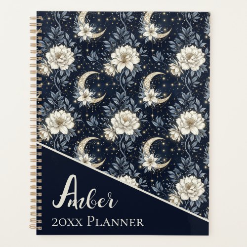 Midnight Celestial Floral & Crescent Moon Design Planner