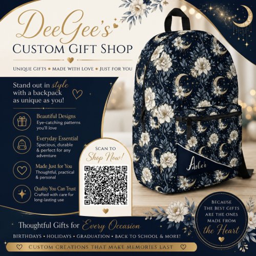 Midnight Celestial Floral & Crescent Moon Design Printed Backpack