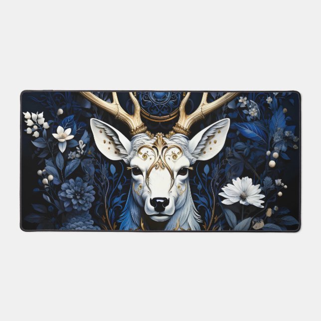 Midnight Celestial Floral Gothic Deer  Desk Mat (Front)