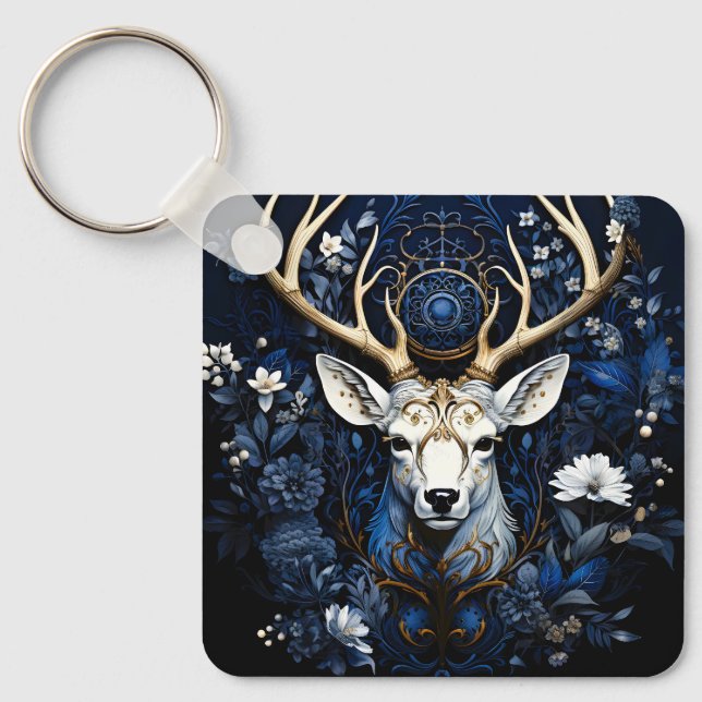Midnight Celestial Floral Gothic Deer Keychain (Front)