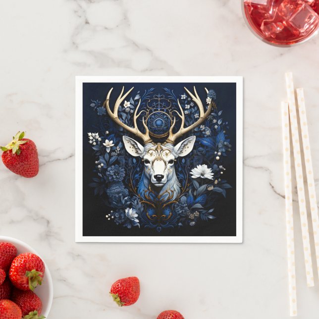 Midnight Celestial Floral Gothic Deer  Napkins (Insitu)