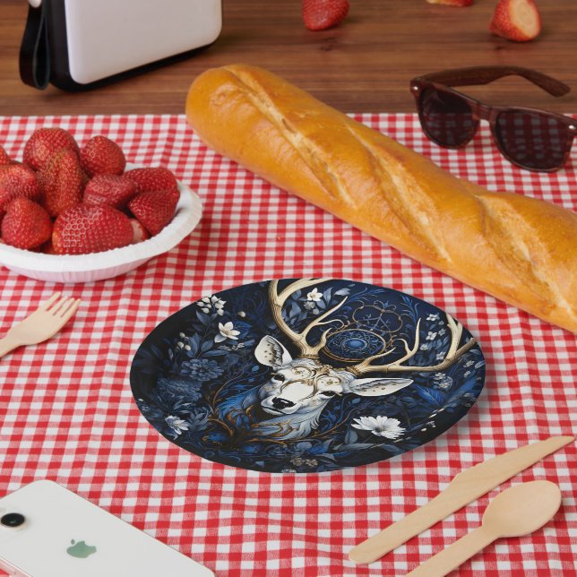 Midnight Celestial Floral Gothic Deer  Paper Plates (Picnic)
