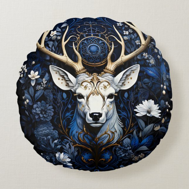 Midnight Celestial Floral Gothic Deer  Round Pillow (Front)