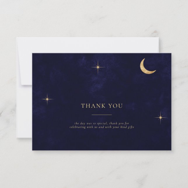 Midnight Celestial Gold Moon Stars Photo Wedding Thank You Card (Front)