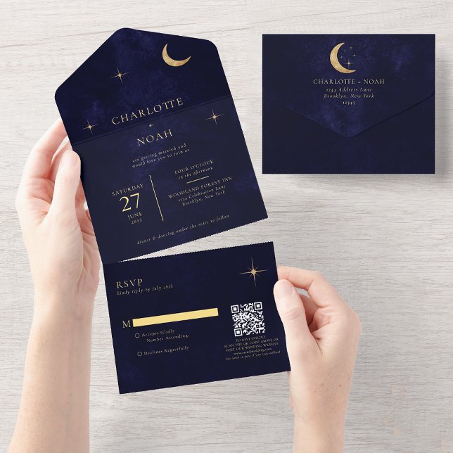 Midnight Celestial Gold Moon Stars Wedding QR Code All In One Invitation (Creator Uploaded)