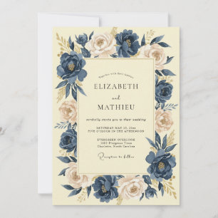 Midnight Champagne Ranunculus Eucalyptus Wedding Invitation
