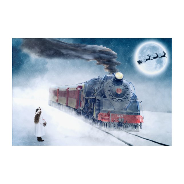 Midnight Christmas Train with Girl and Santa Acrylic Print (Front)