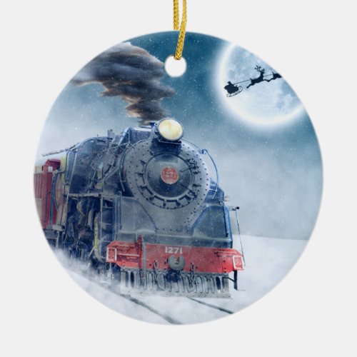 Midnight Christmas Train with Girl and Santa Ceramic Ornament