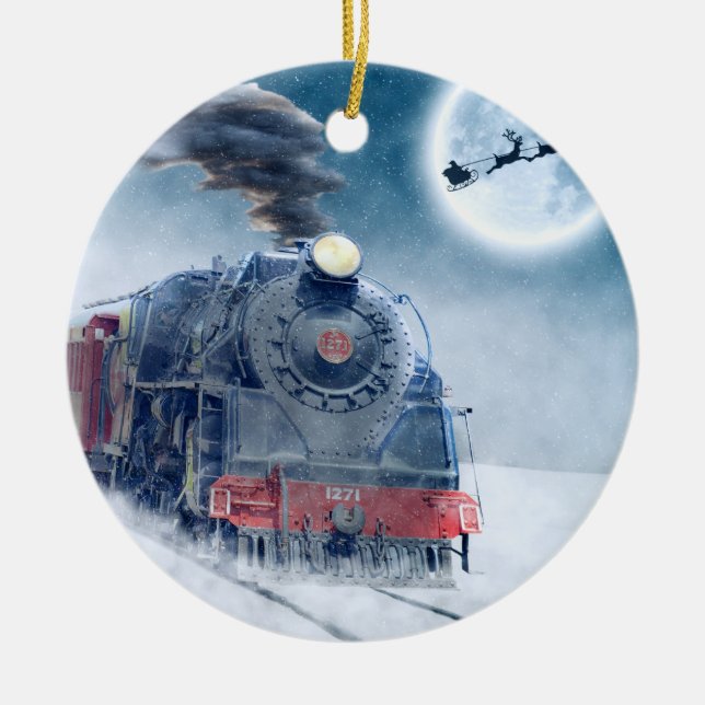 Midnight Christmas Train with Girl and Santa Ceramic Ornament (Front)