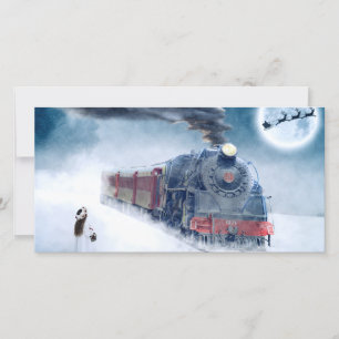 Midnight Christmas Train with Girl and Santa Holiday Card