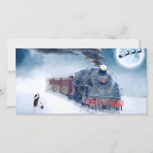 Midnight Christmas Train with Girl and Santa Holiday Card