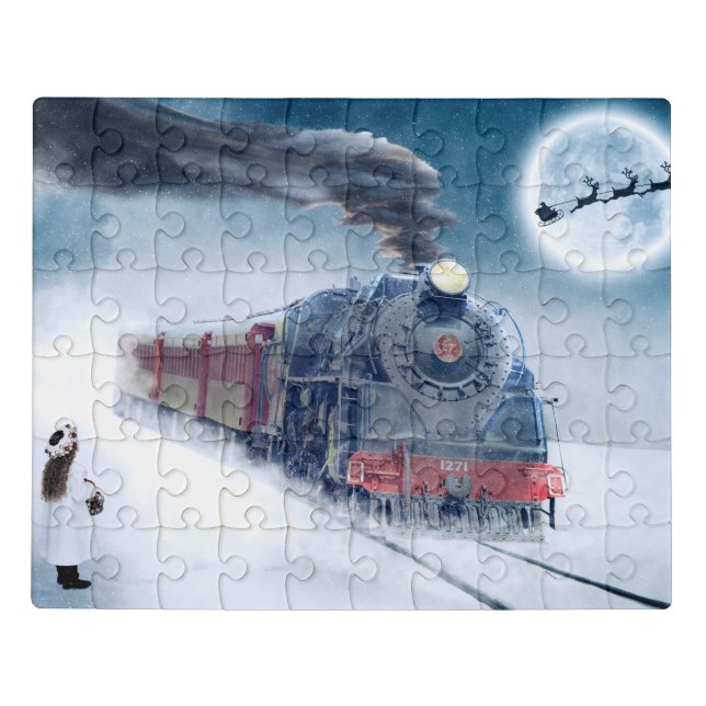 Midnight Christmas Train with Girl and Santa Jigsaw Puzzle (Puzzle Horizontal)