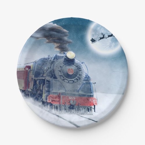 Midnight Christmas Train with Girl and Santa Paper Plates