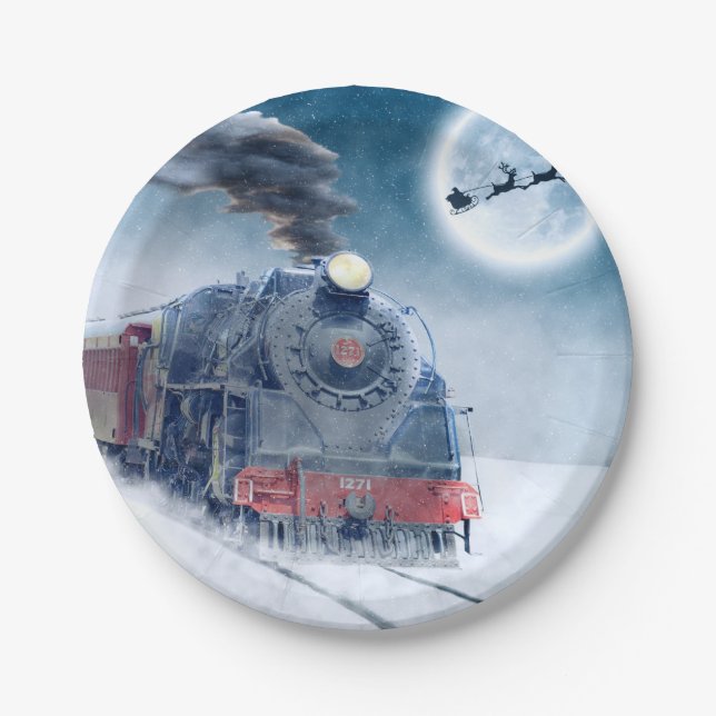 Midnight Christmas Train with Girl and Santa Paper Plates (Front)