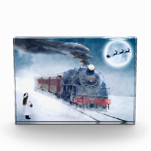 Midnight Christmas Train with Girl and Santa Photo Block