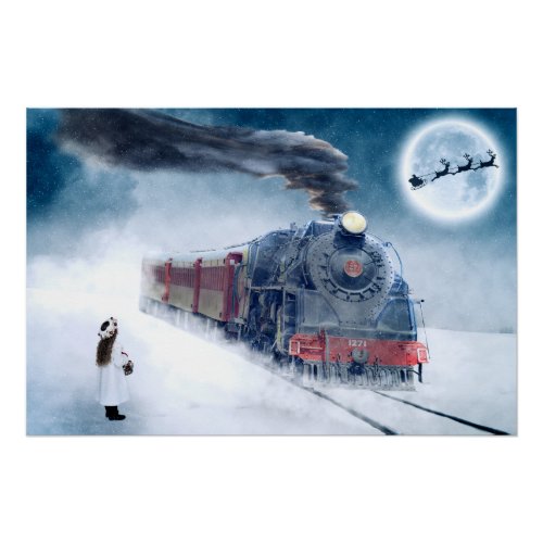 Midnight Christmas Train with Girl and Santa Poster