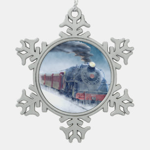 Midnight Christmas Train with Girl and Santa Snowflake Pewter Christmas Ornament