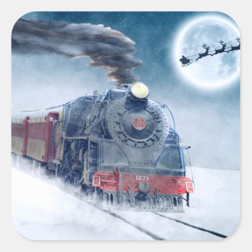 Midnight Christmas Train with Girl and Santa Square Sticker