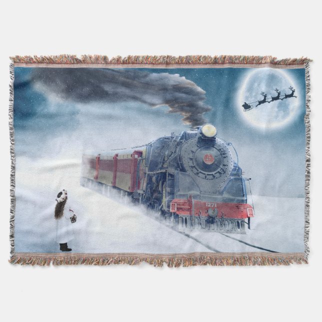 Midnight Christmas Train with Girl and Santa Throw Blanket (Front)