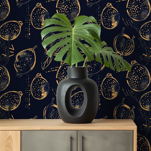 Midnight Citrus | Gold and Navy Lemon Wallpaper