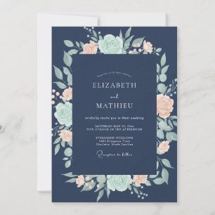Midnight Coral Ranunculus Eucalyptus Wedding Invitation