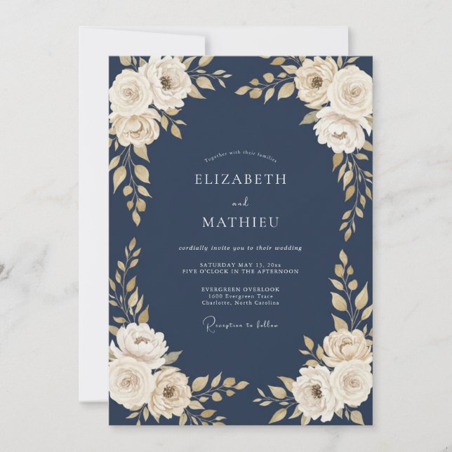 Midnight Cream Bloom Wedding Invitation (Front)