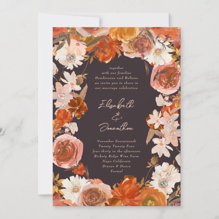 Midnight Cream Floral Bouquet Abundance Wedding Invitation