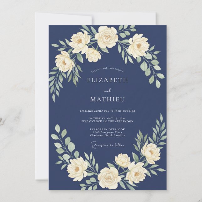 Midnight Cream Leafy Wedding Invitation (Front)