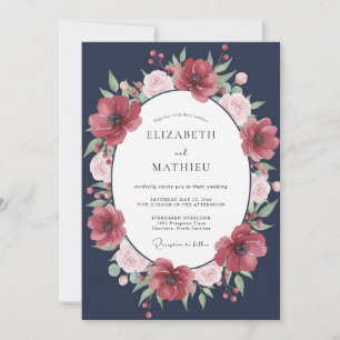 Midnight Crimson Ranunculus Eucalyptus Wedding Invitation