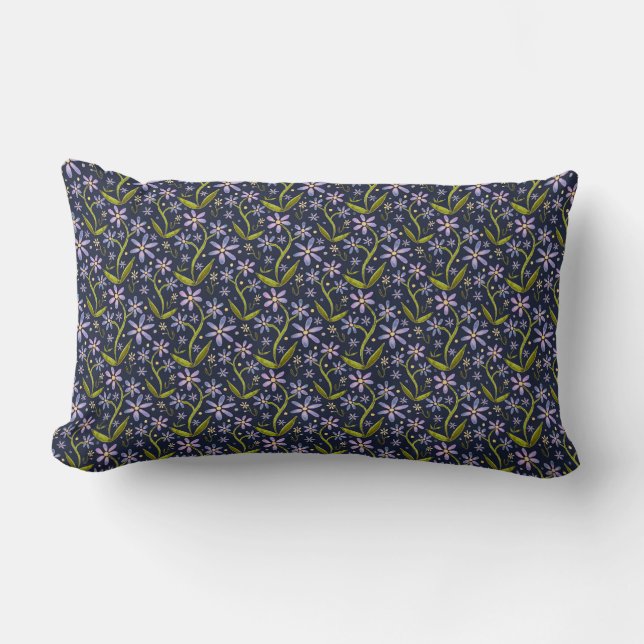 Midnight | Dancing Watercolor Daisies Lumbar Pillow (Front)