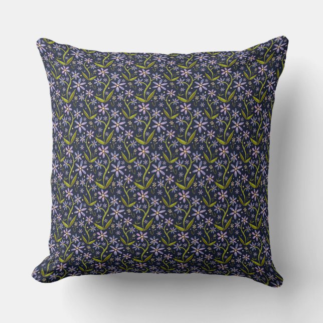 Midnight | Dancing Watercolor Daisies Throw Pillow (Front)