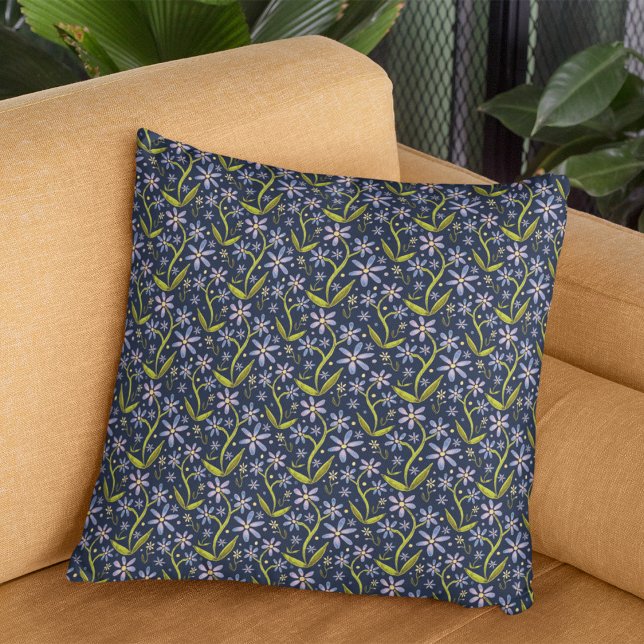 Midnight | Dancing Watercolor Daisies Throw Pillow (A watercolored dancing daisies floral pattern in rich midnight blues and soft purples.)