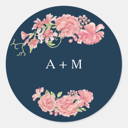 Midnight dark blue pink peonies wedding thank you classic round sticker