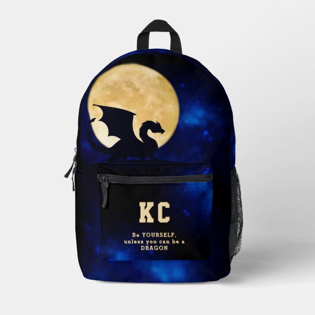 Midnight Dragon Minimalist Initials Back to School Printed Backpack (Front)