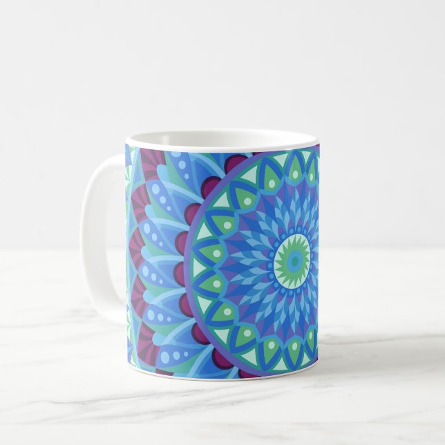 Midnight Dreams Mandala Blue Boho Ceramic Coffee Mug (Front Left)