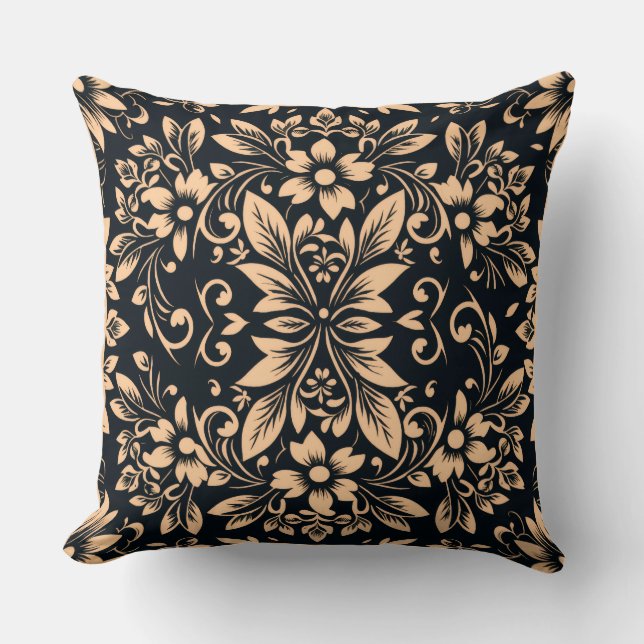 Midnight Elegance Damask Floral Throw Pillow (Front)