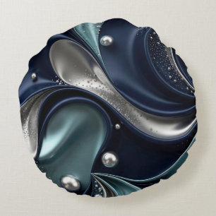 Midnight Elegance, Navy, Teal & Silver Fluid Art Round Pillow