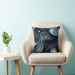 Midnight Elegance, Navy, Teal & Silver Fluid Art Throw Pillow