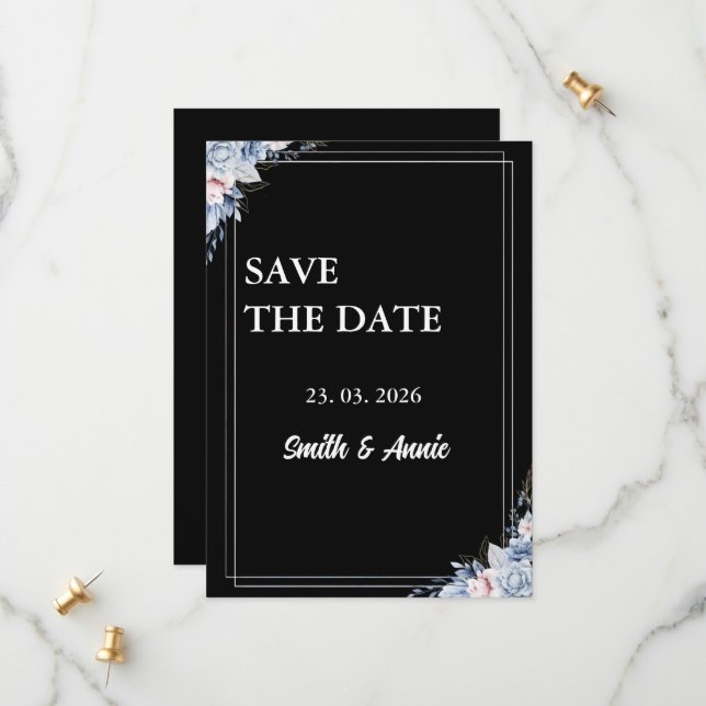Midnight Elegance Save the Date Card – Black Flora (Front/Back In Situ)