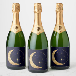 Midnight Elegant Celestial Gold Moon Stars Wedding Sparkling Wine Label