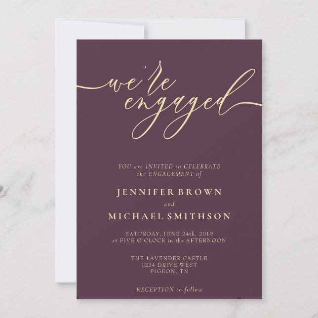 Midnight Fig & Champagne Minimal We are Engaged Invitation (Front)
