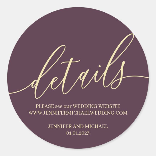 Midnight Fig & Champagne Modern Signature Details Classic Round Sticker (Front)
