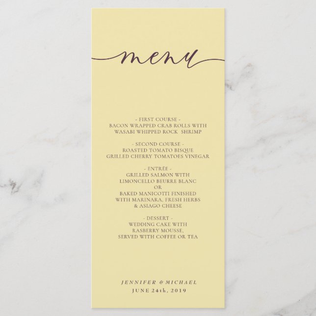 Midnight Fig & Champagne Script Wedding Dinner Menu (Front)
