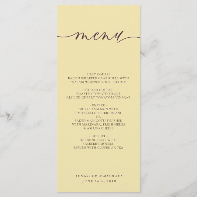 Midnight Fig & Champagne Script Wedding Dinner Menu