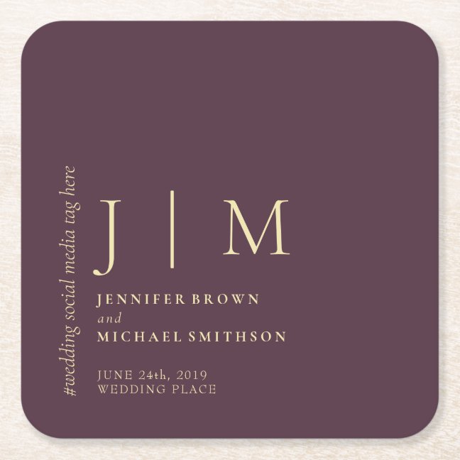 Midnight Fig & Champagne Simple Elegant Wedding Square Paper Coaster