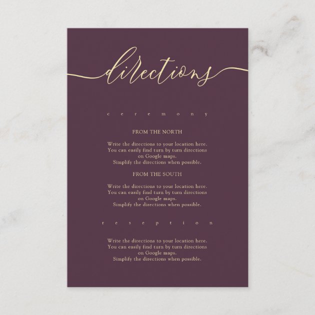 Midnight Fig & Champagne Simple Wedding Directions Enclosure Card