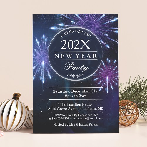 Midnight Fireworks Starry Sky New Years Eve Party Invitation