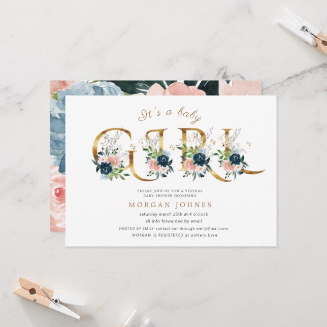 midnight floral gold script baby shower invitation (Front/Back In Situ)