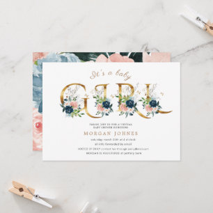 midnight floral gold script baby shower invitation